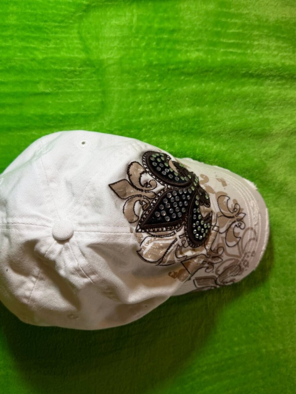 Embellished Fleur-de-Lis White Cap with Rhinestones - Picture 3 of 8